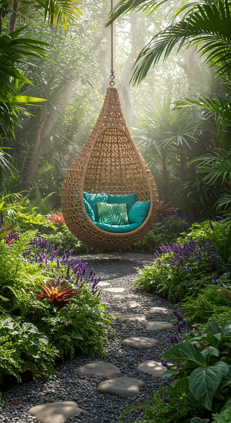 Grote rotan hangstoel met turquoise kussens in tropische tuin met grindpad en varens.