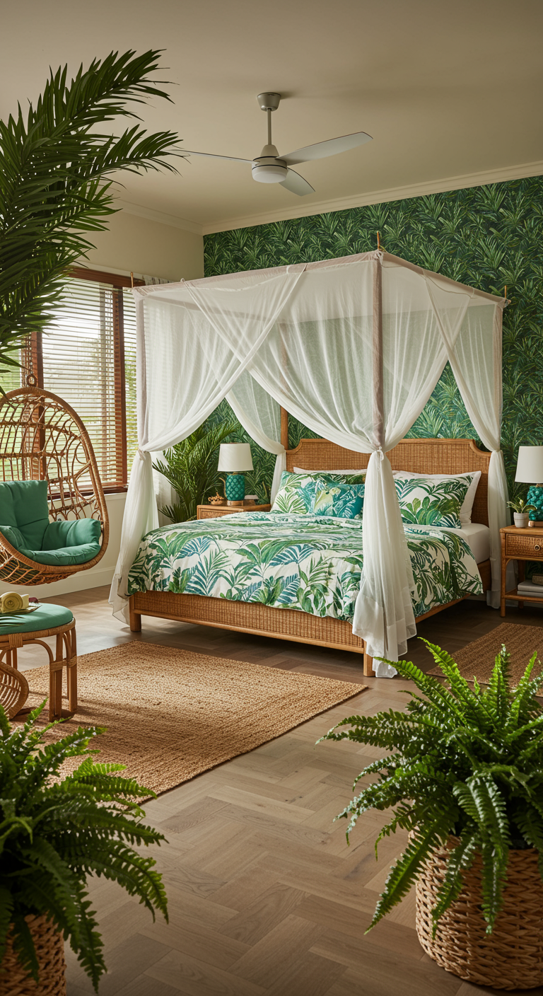 Tropische slaapkamer met botanisch behang, rotan bed met klamboe, planten en hangstoel.