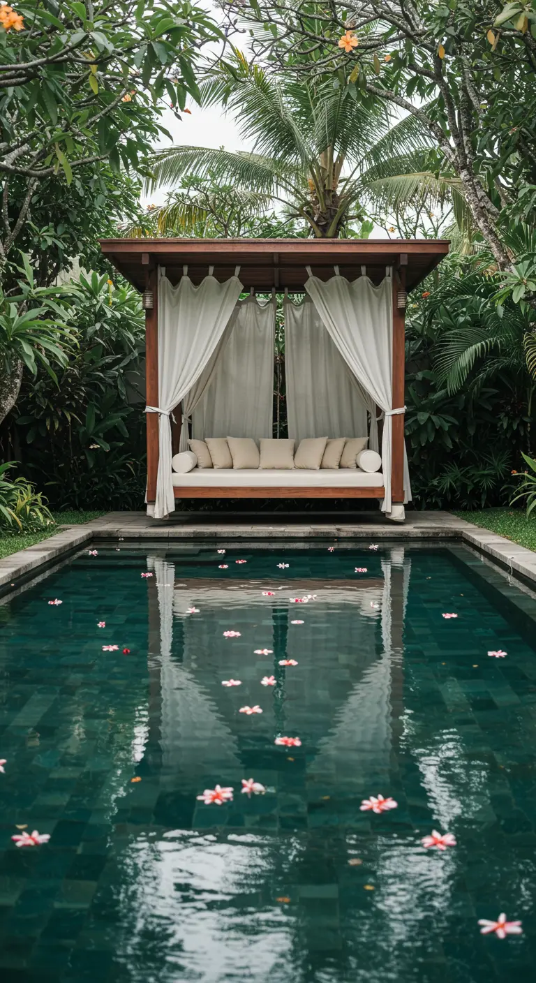 Houten cabana met witte gordijnen en daybed boven een groen zwembad met drijvende bloemen in tropische tuin.