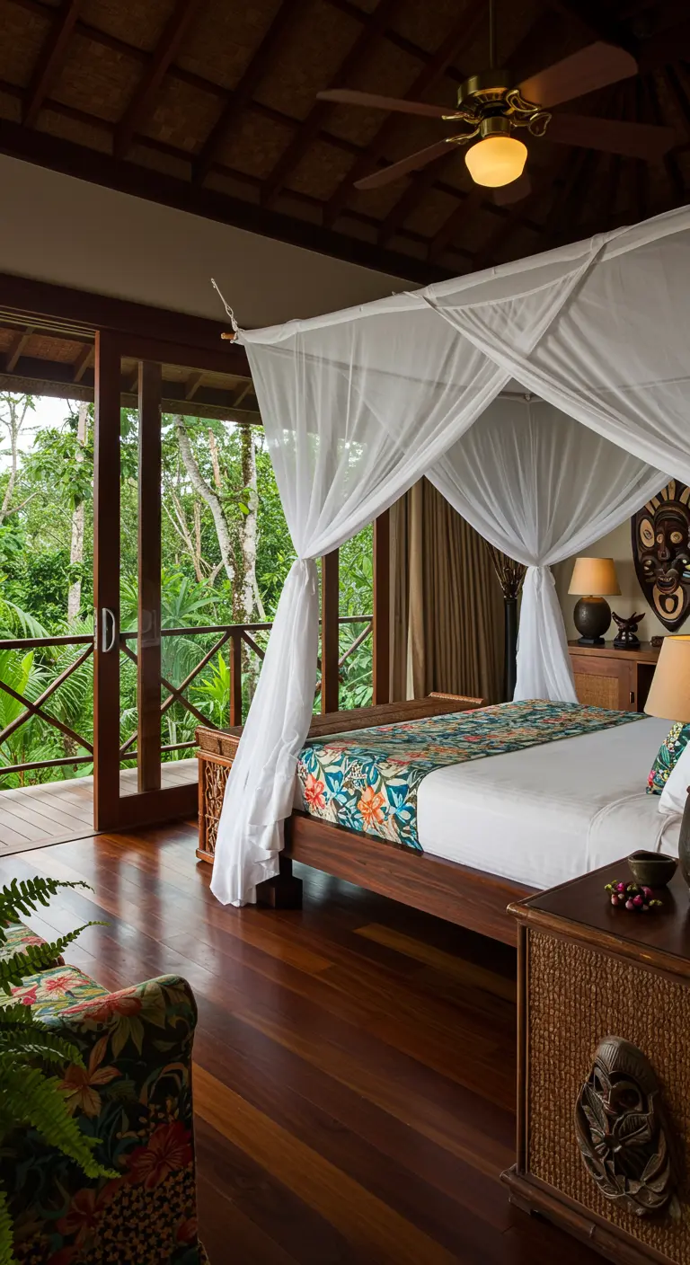 Tropische slaapkamer met houten bed en klamboe, uitzicht op jungle.