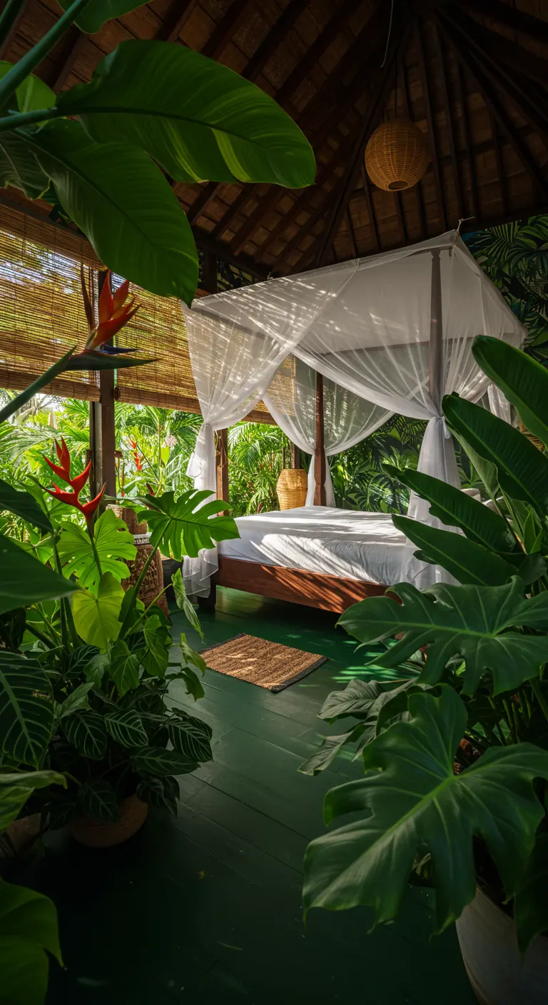 Tropische slaapkamer met een hemelbed omringd door grote, groene bladplanten.