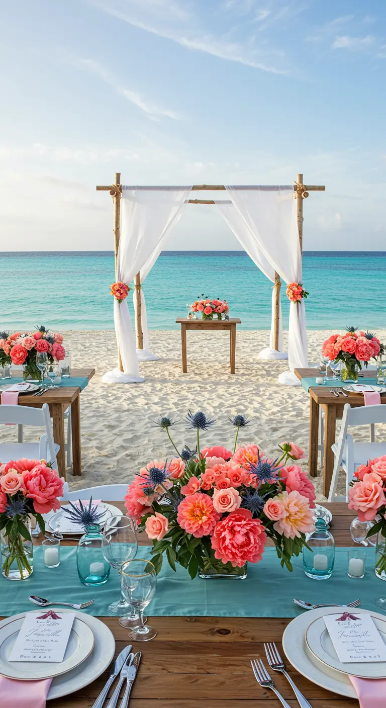 Trouwopstelling op strand met bamboe boog, turquoise lopers en koraalkleurige bloemen.