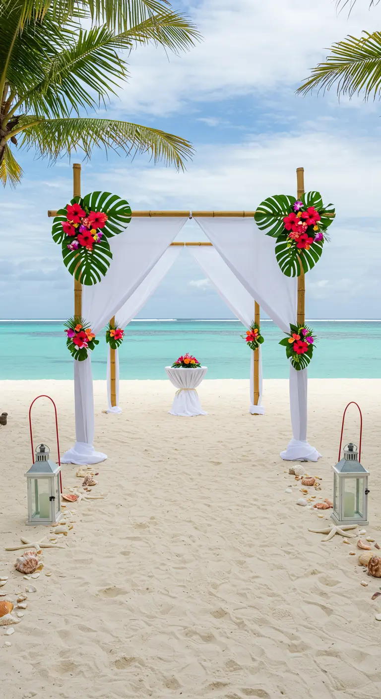 Strand entree met bamboe boog, witte stof, tropische bloemen en schelpen langs het pad.
