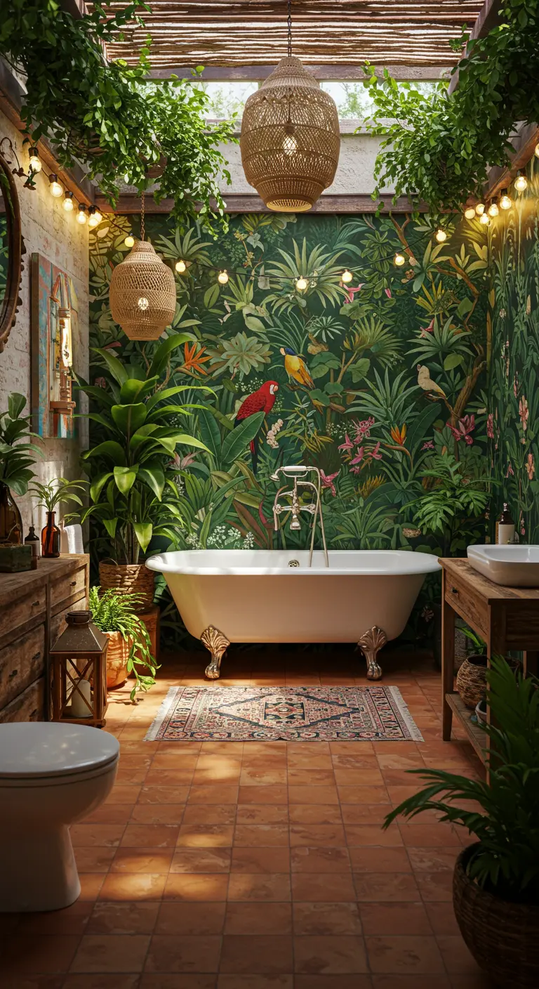 Badkamer met jungle behang, veel planten, vrijstaand bad op pootjes en rotan lampen.