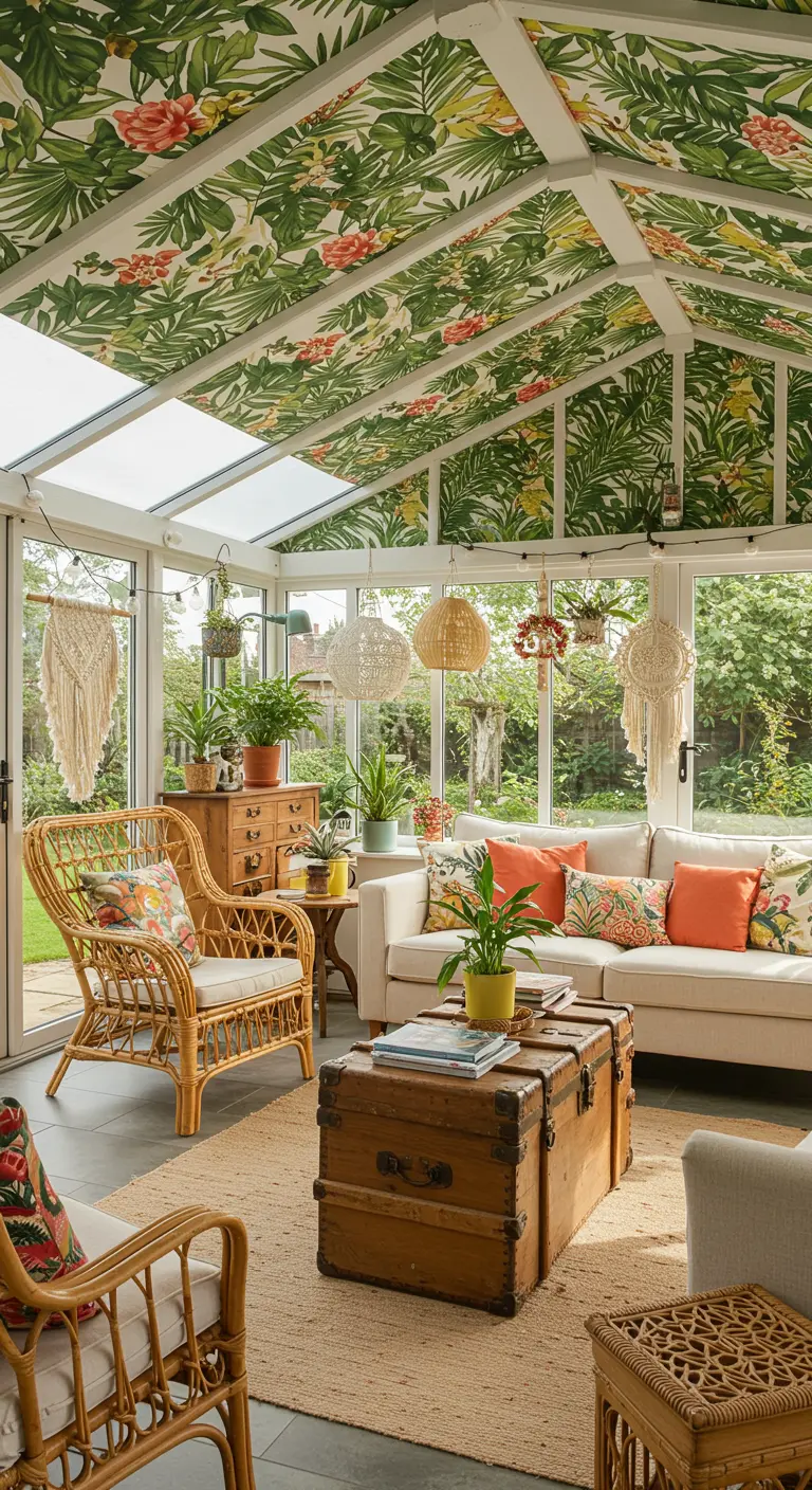 Serre met botanisch behang op het schuine plafond en rotan meubels.