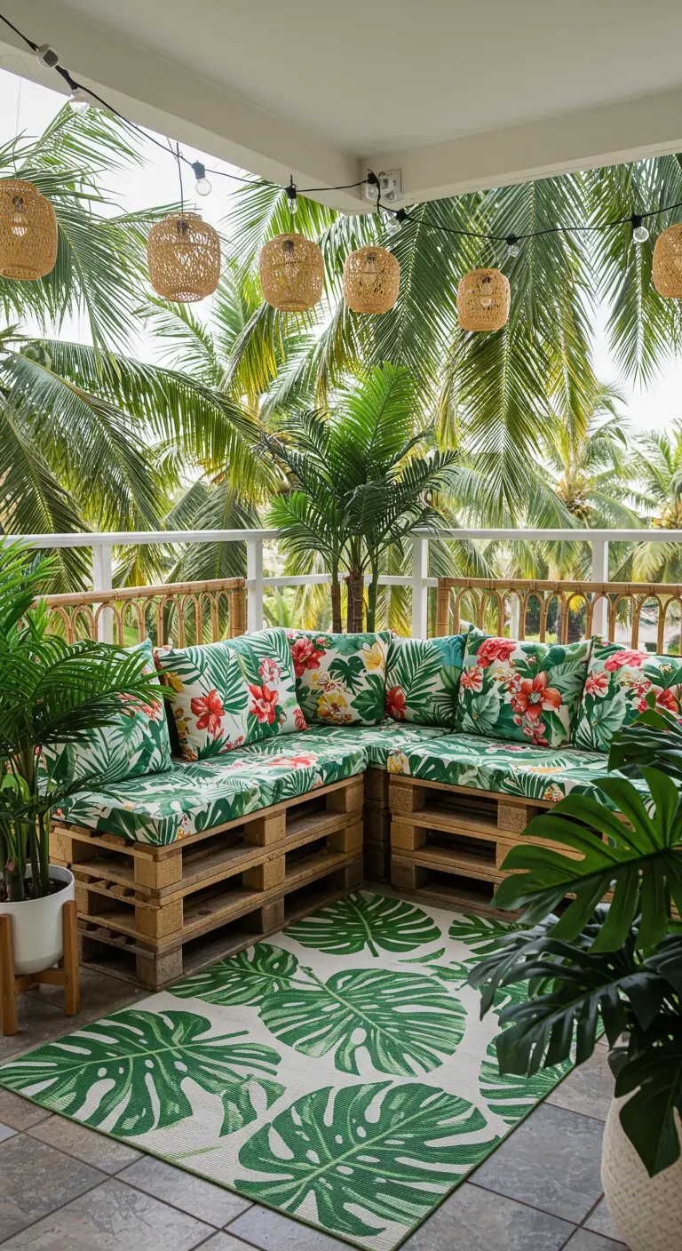 Tropisch balkon met L-vormige pallet lounge, kussens met bladprint en rotan hanglampen.