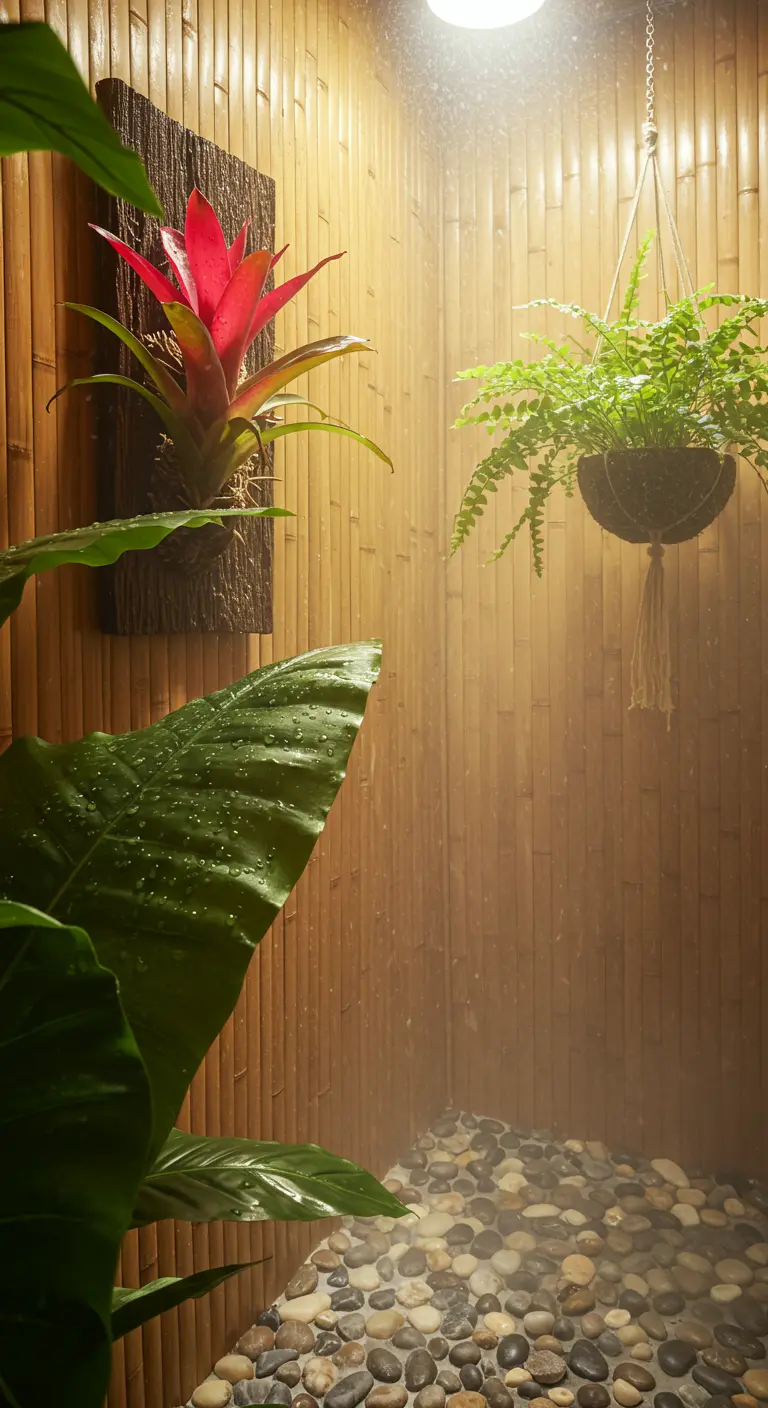 Tropische planten zoals Bromelia en varen in een dampende doucheruimte met bamboewanden.