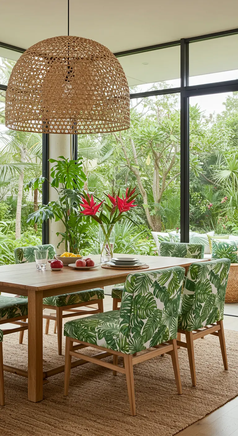 Grote rotan lampenkap boven een houten eettafel met stoelen met bladprint.