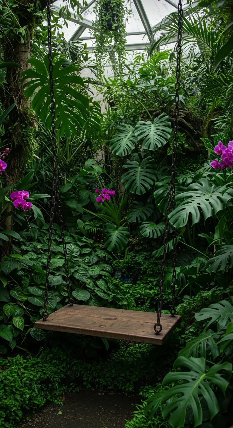 Houten plank schommel in weelderige groene kas met tropische planten en orchideeën.