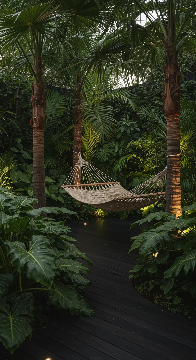 Geknoopte hangmat tussen twee palmbomen in een weelderige tropische tuin met donkere vlonders.