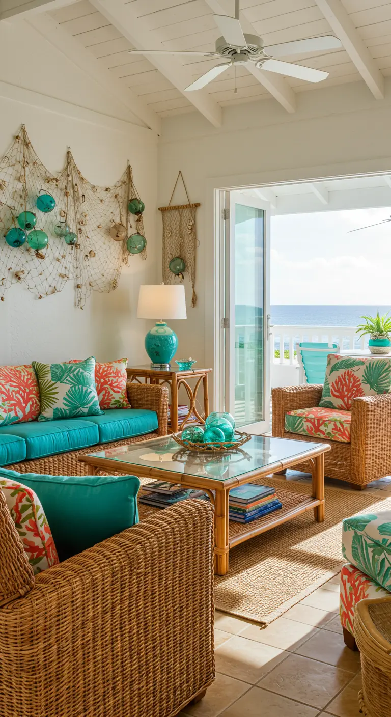 Tropische woonkamer met rotan meubels, turquoise en koraal kussens, visnetten.