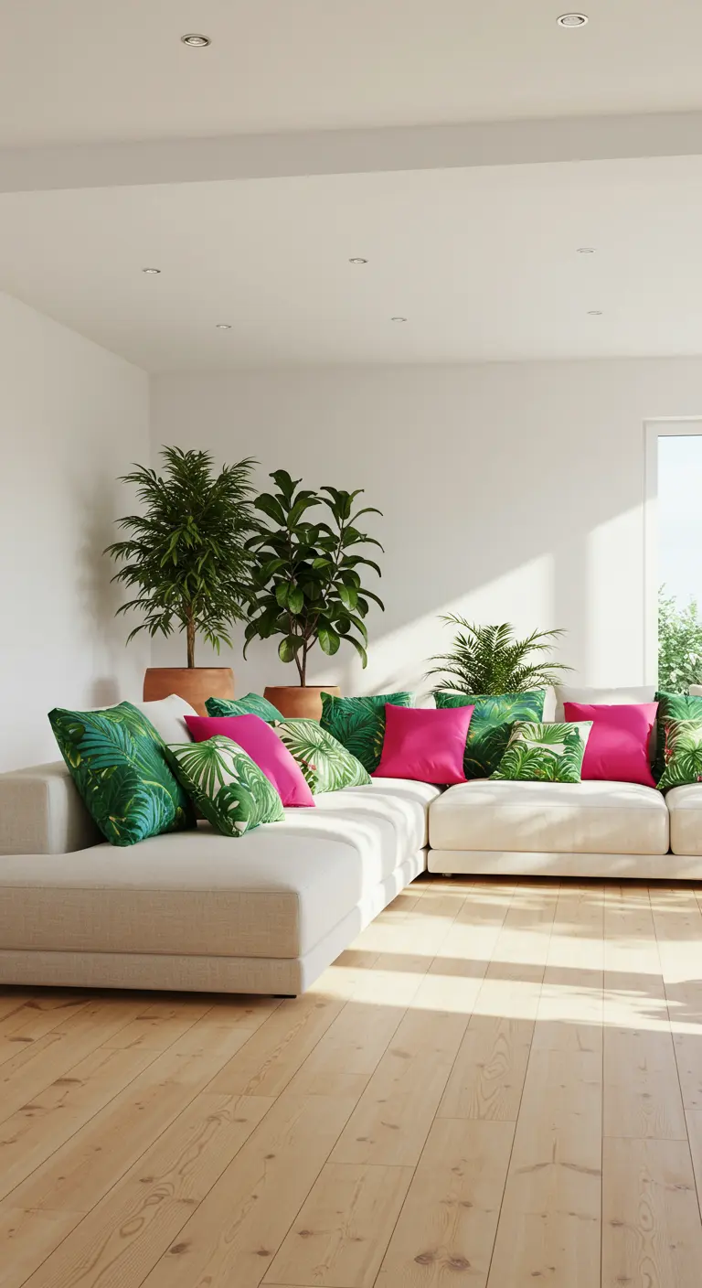 Witte bank met groene tropische en fuchsia roze kussens, omringd door hoge planten.