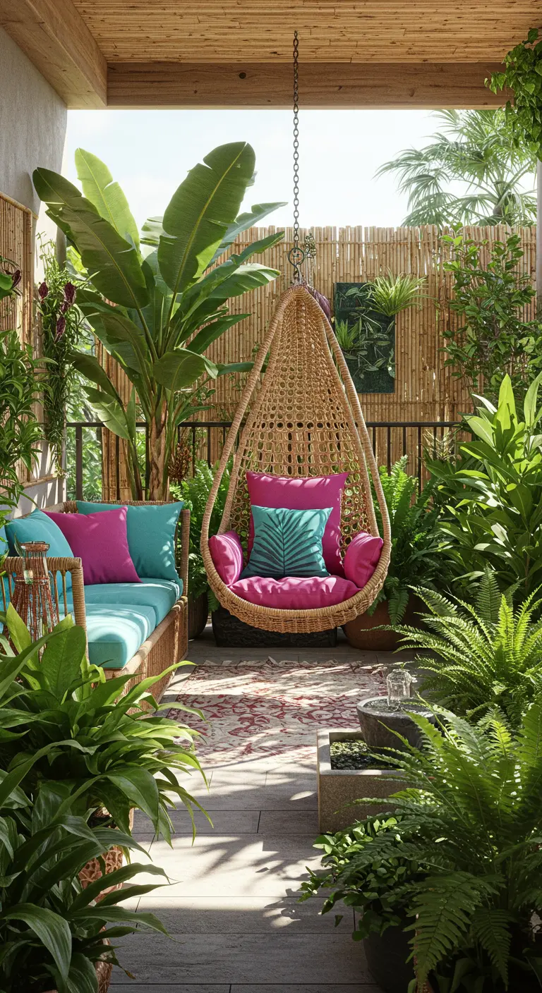 Tropisch balkon met rieten hangstoel, felroze en teal kussens, omringd door veel groen.