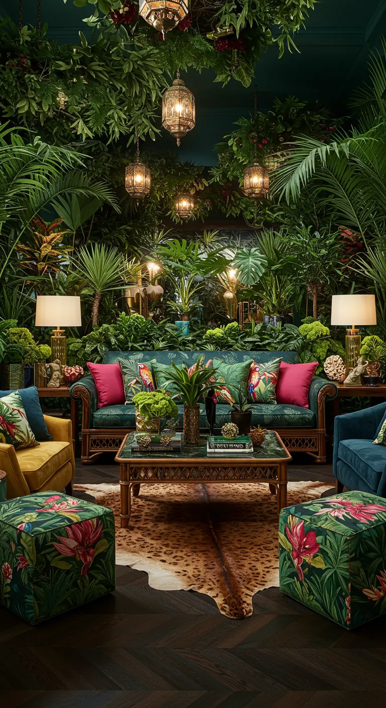 Weelderig, jungle-achtig interieur met veel planten, kleurrijke kussens en exotische patronen.