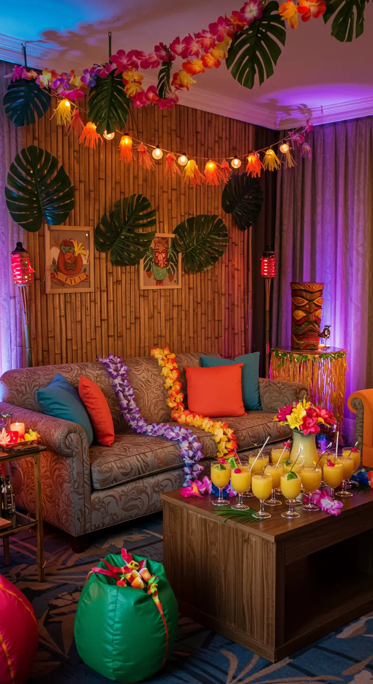 Tropisch ingerichte kamer met bamboe, bloemenslingers, kleurrijke kussens en cocktails.