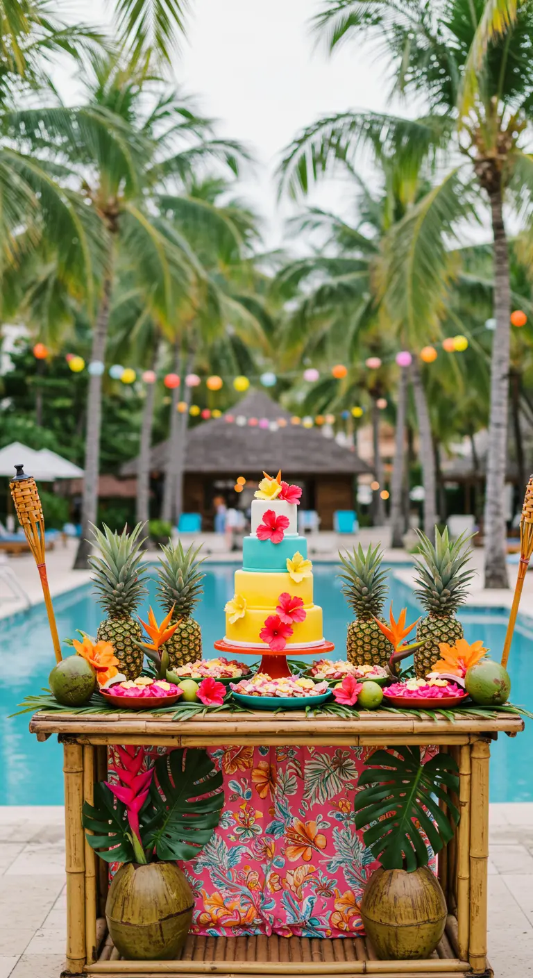 Tropische taarttafel bij het zwembad met felgekleurde taart, ananassen en exotische bloemen.