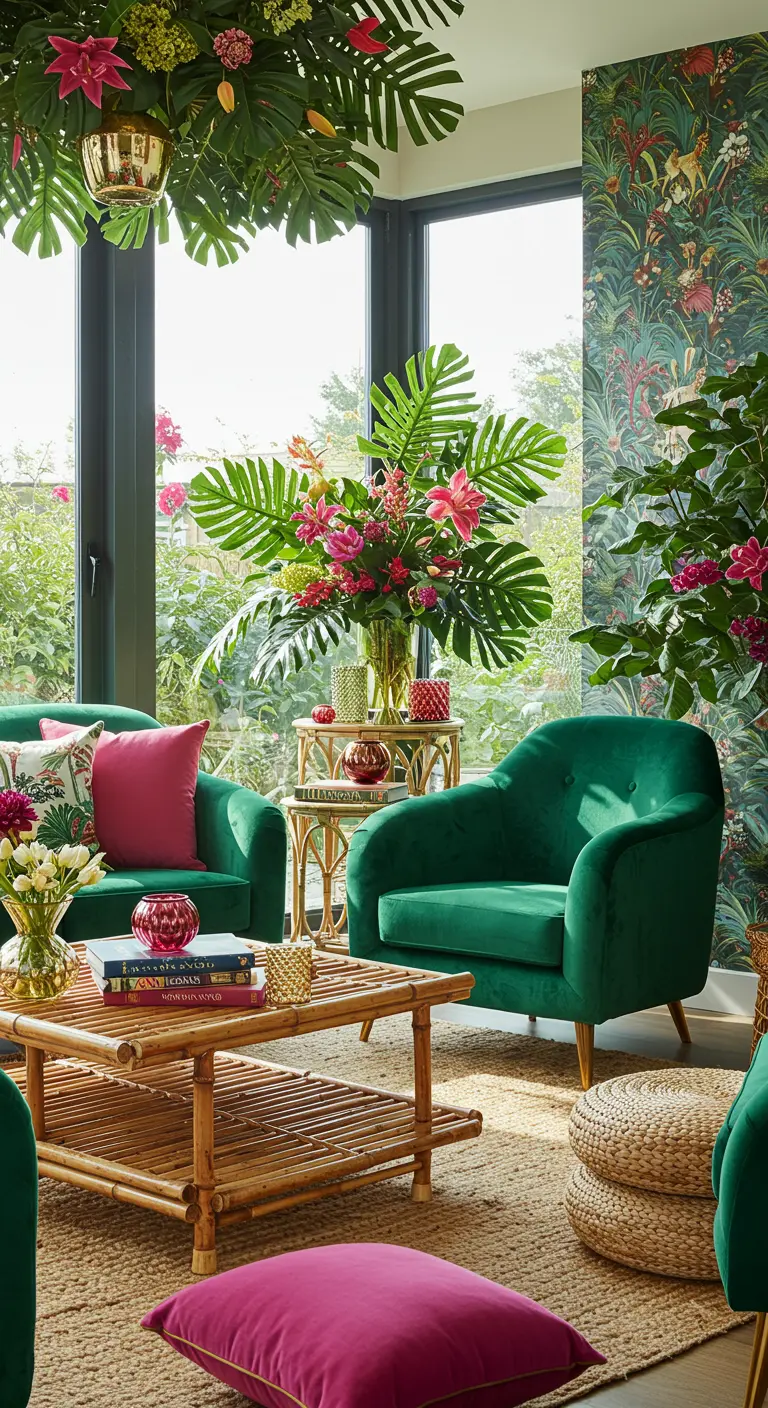 Woonkamer in tropische stijl met groene fluwelen stoelen en veel planten.