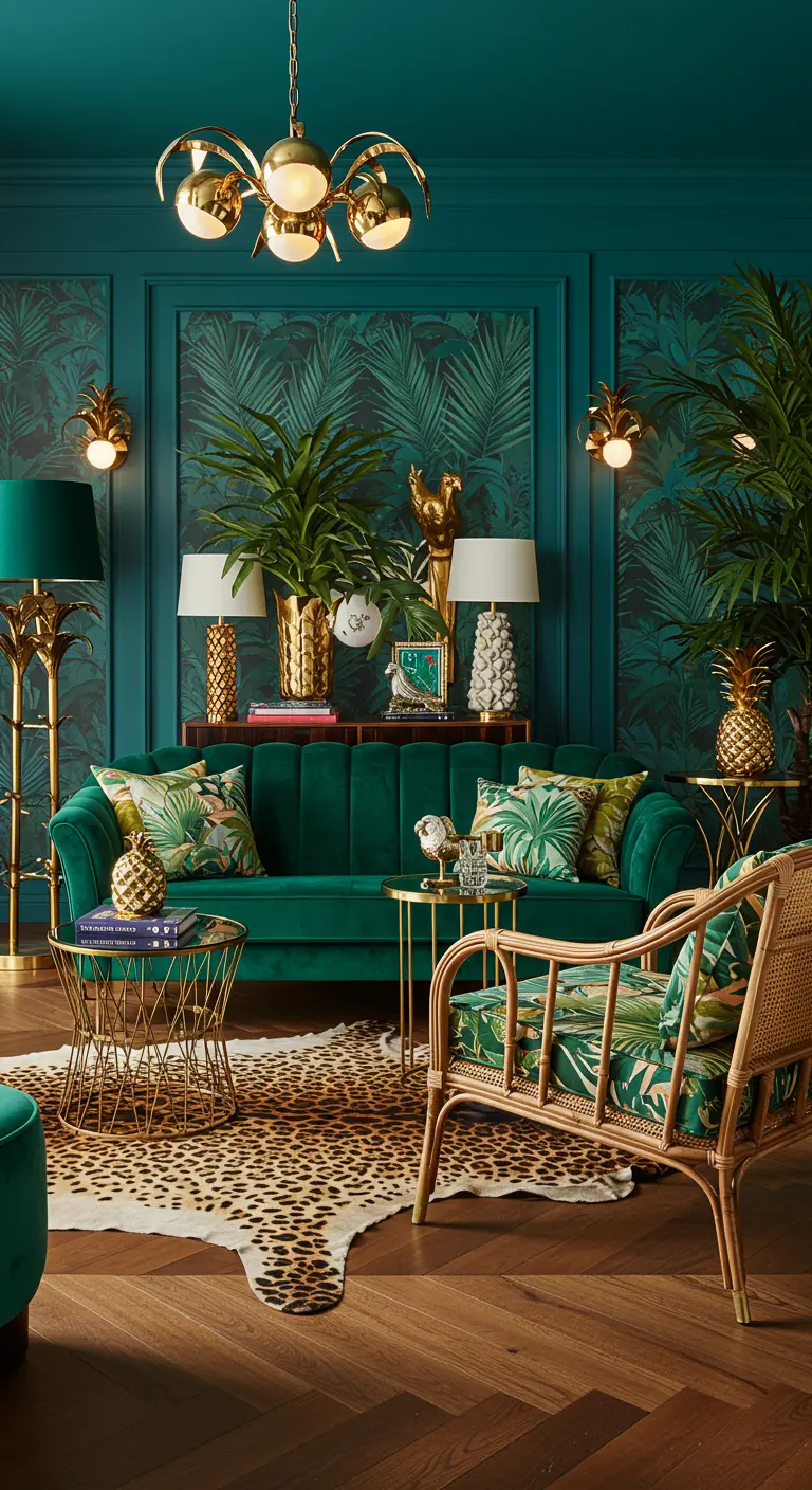 Tropische woonkamer met groene fluwelen bank, palmbladpatronen, gouden accenten en panterprint kleed.