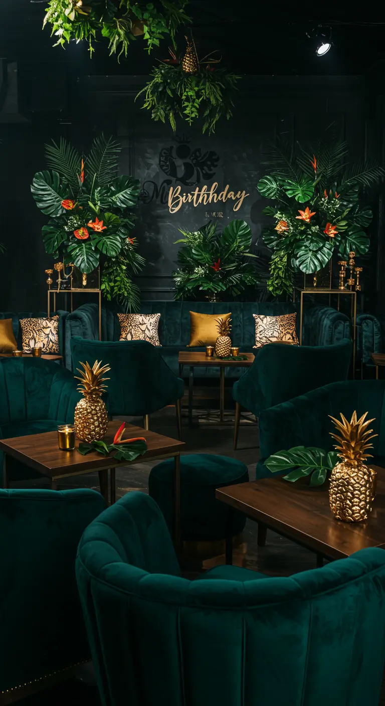 Donkergroene fluwelen lounge met gouden ananassen en tropische planten.
