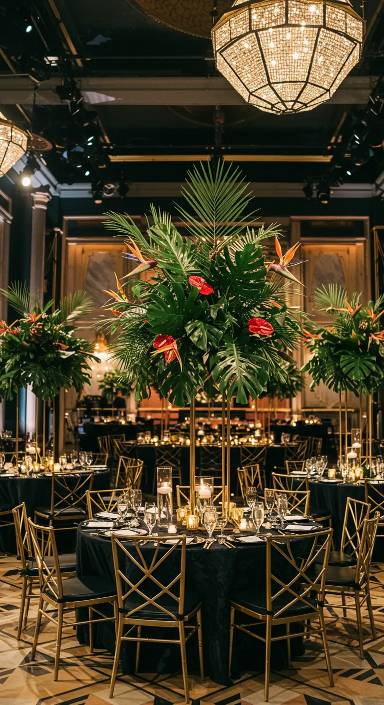 Luxe trouwreceptie met grote tropische bladarrangementen op gouden standaards en donkere tafelkleden.