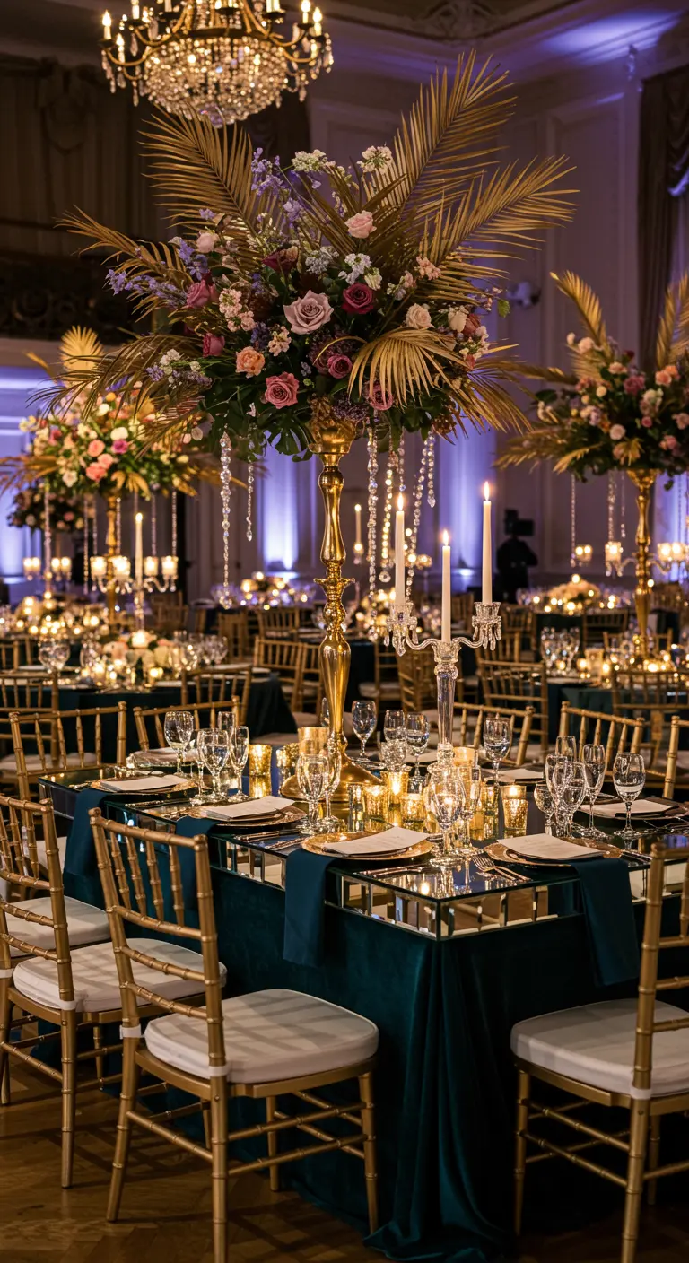 Luxe bruiloftsreceptie met gouden palmbladeren, kaarsen en donkerblauwe tafelkleden.