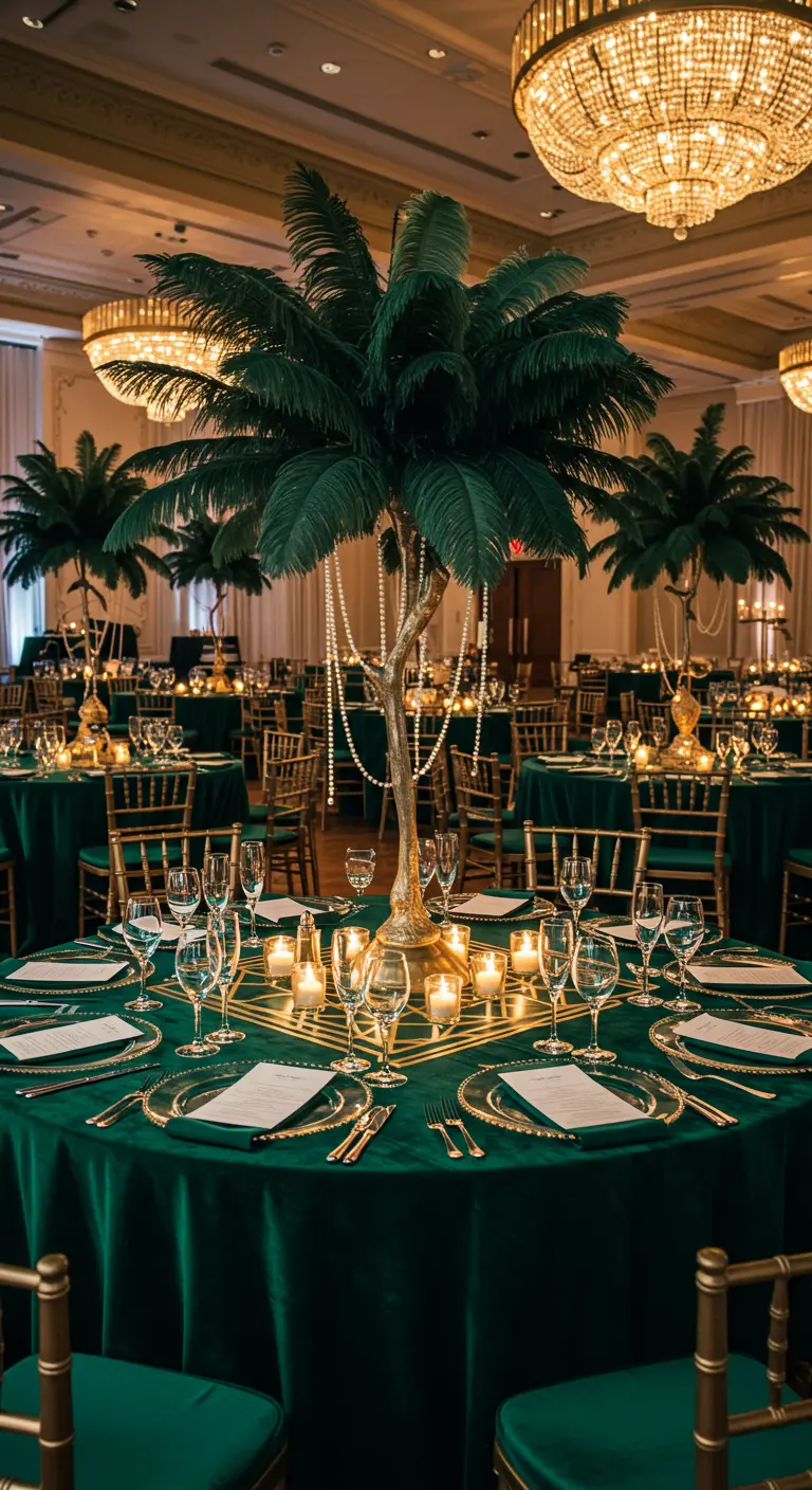 Feestzaal met ronde tafels, groene kleden en gouden palmboom centerpieces.