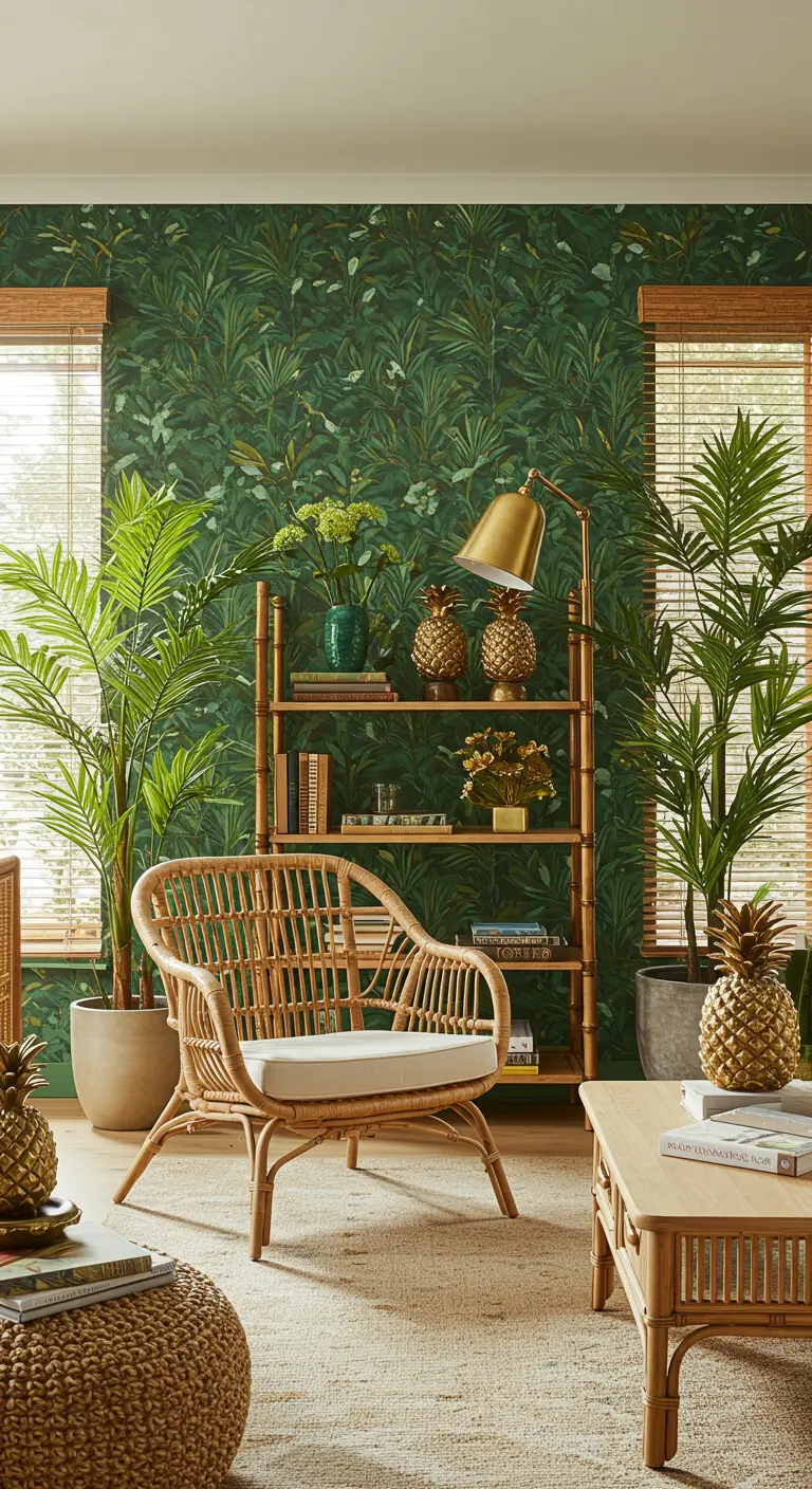 Tropische woonkamer met groen bladbehang, rotan stoel en gouden ananasdecoraties.