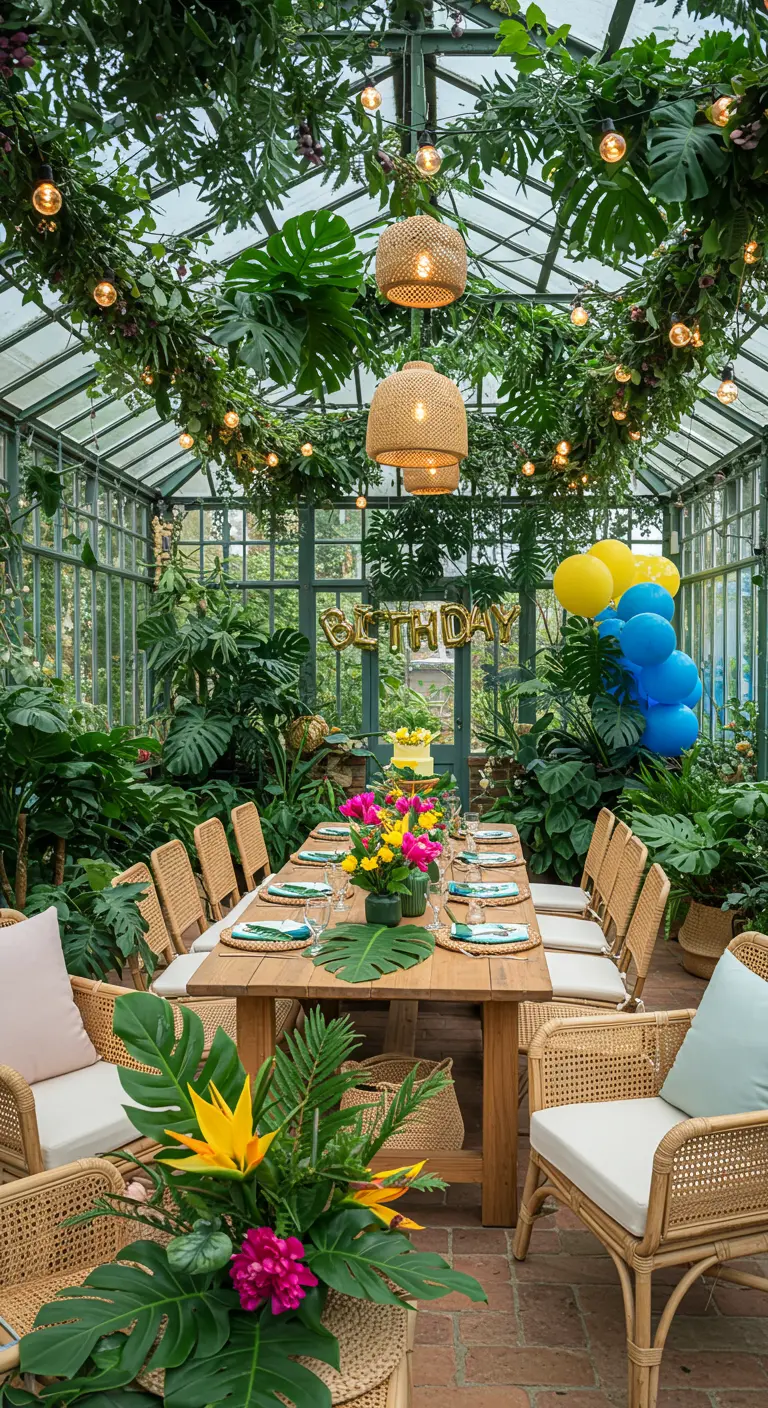 Serre vol tropische planten, lange houten tafel met kleurrijke bloemen en rieten lampen.