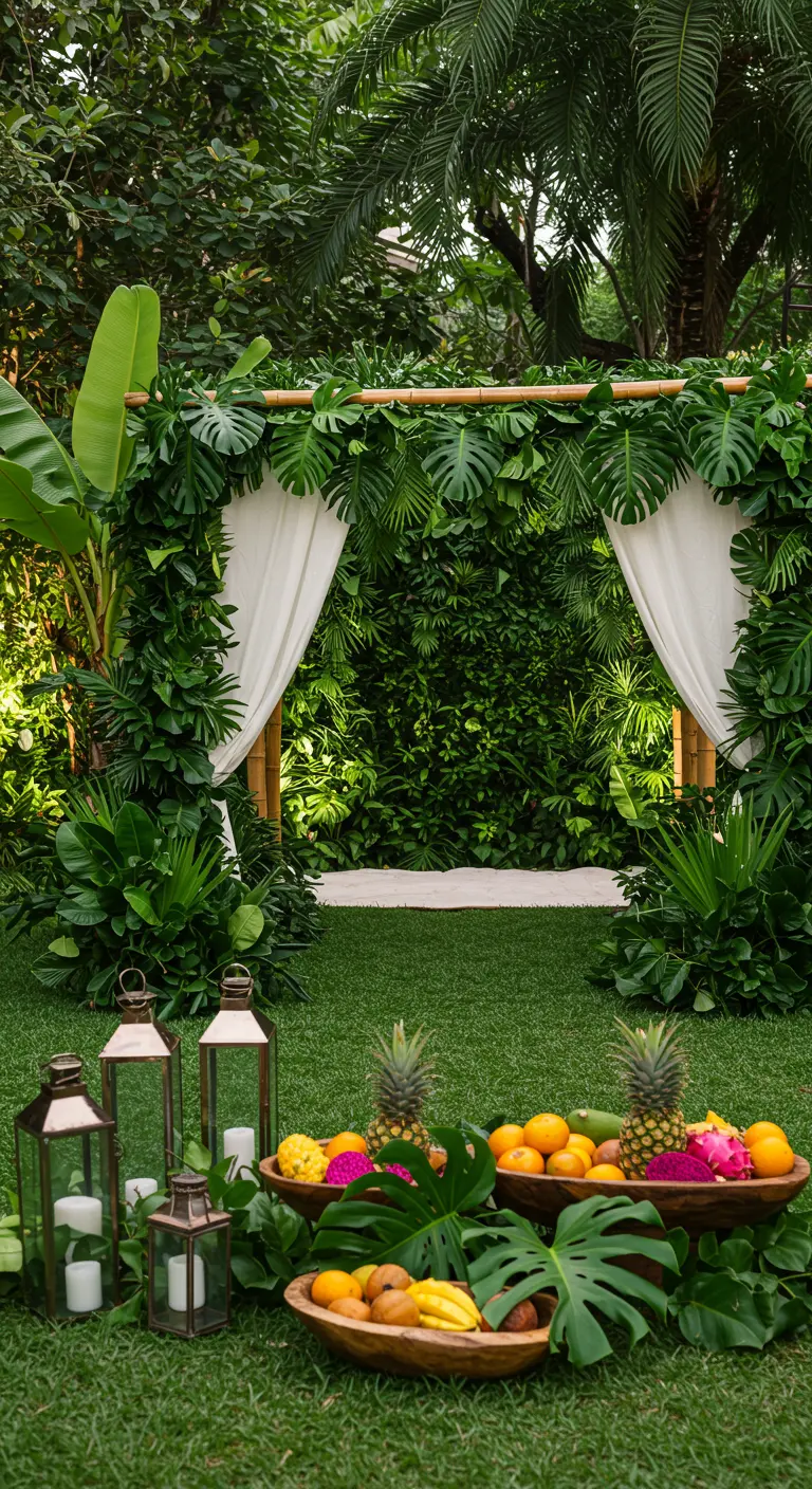 Tropische ceremonieboog met groene planten, witte doeken, fruit en lantaarns.