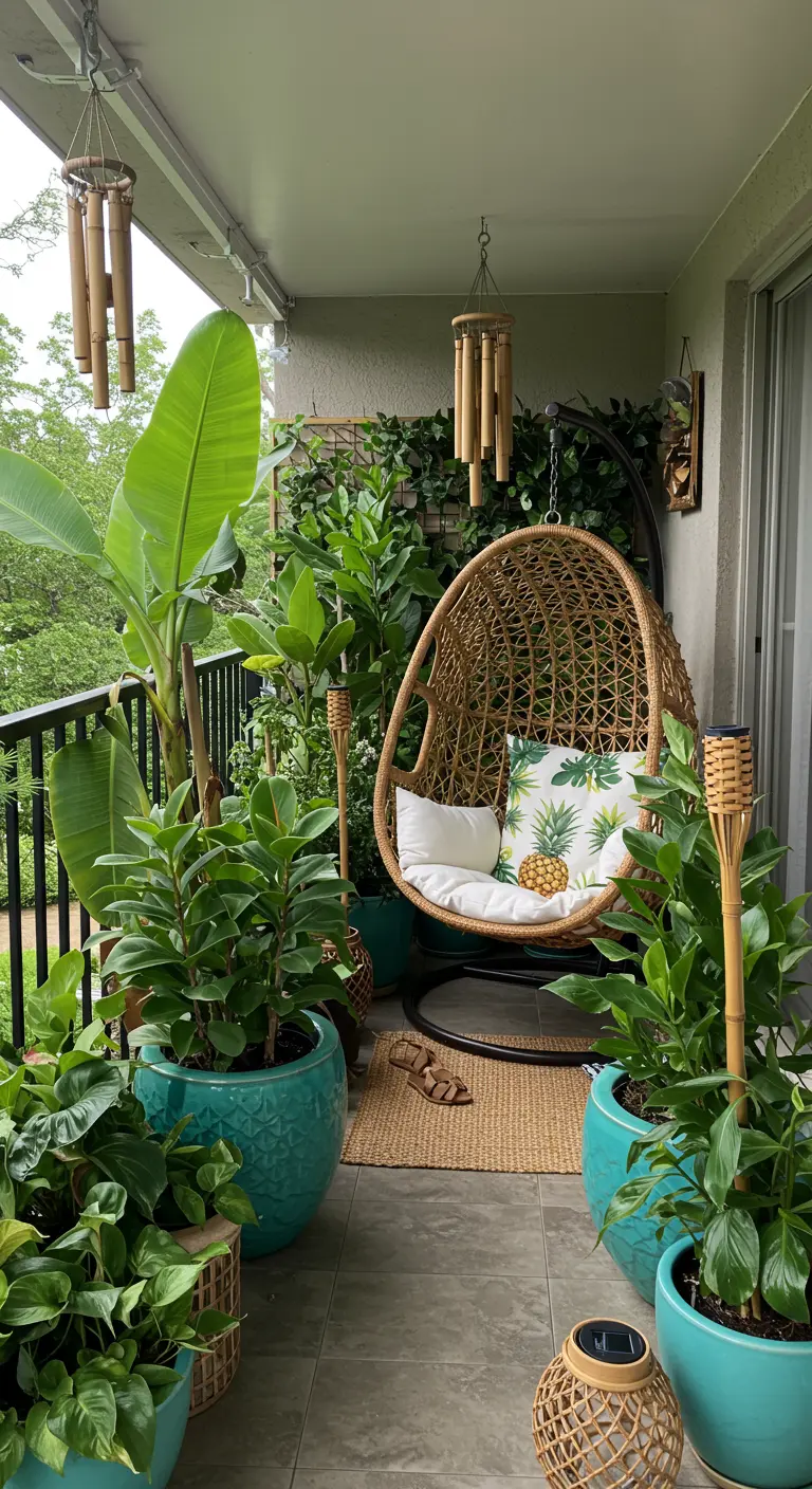 Tropisch balkon met rotan hangstoel, veel grote groene planten in turquoise potten en bamboe details.