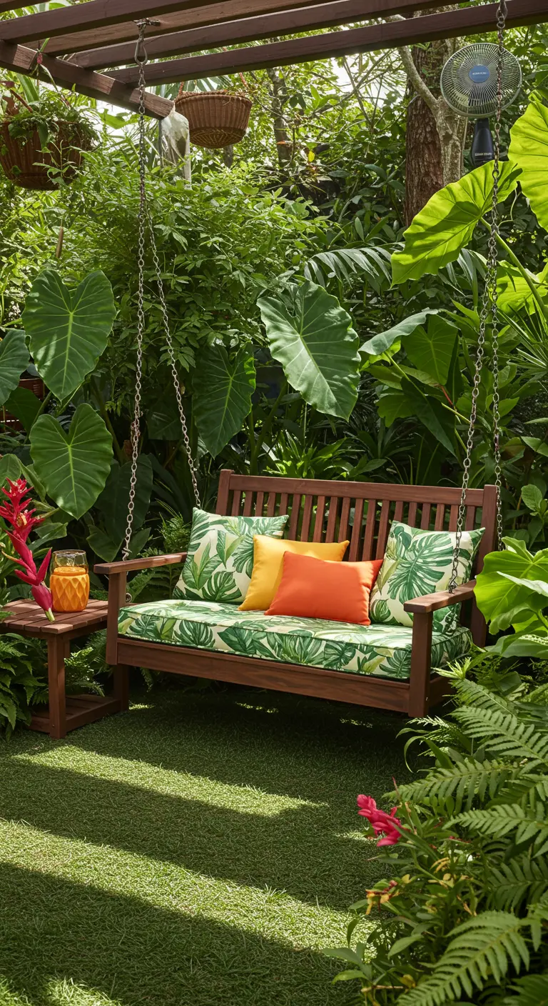Houten schommelbank met tropische bladprint kussens in een weelderige groene jungletuin.