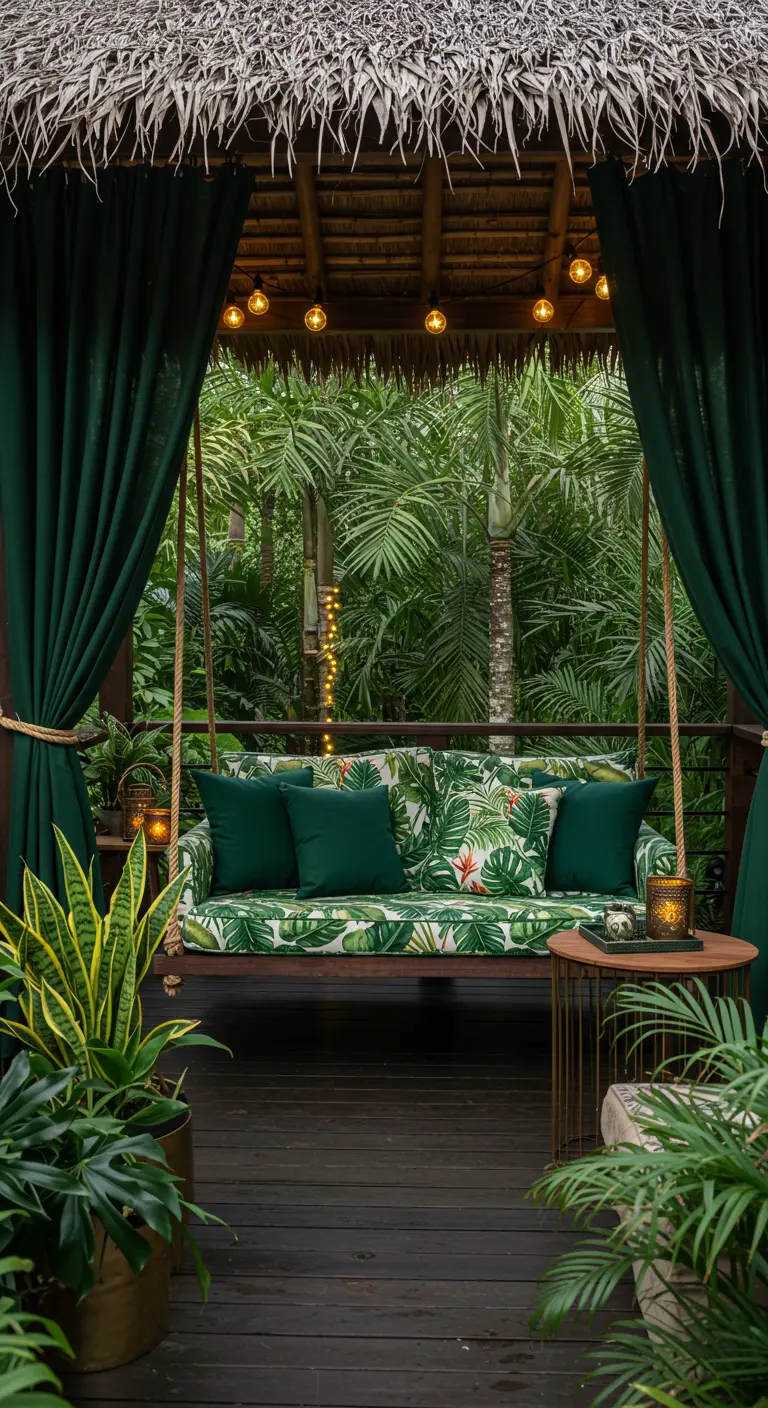 Schommelbank met tropische print kussens en donkergroene gordijnen onder een rieten dak, omringd door weelderige groene planten en sfeerverlichting.