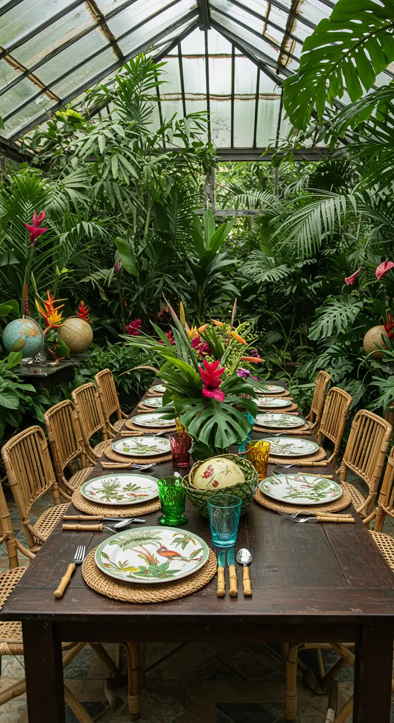 Eetkamer in kas met tropische planten, rattan stoelen en botanische borden.