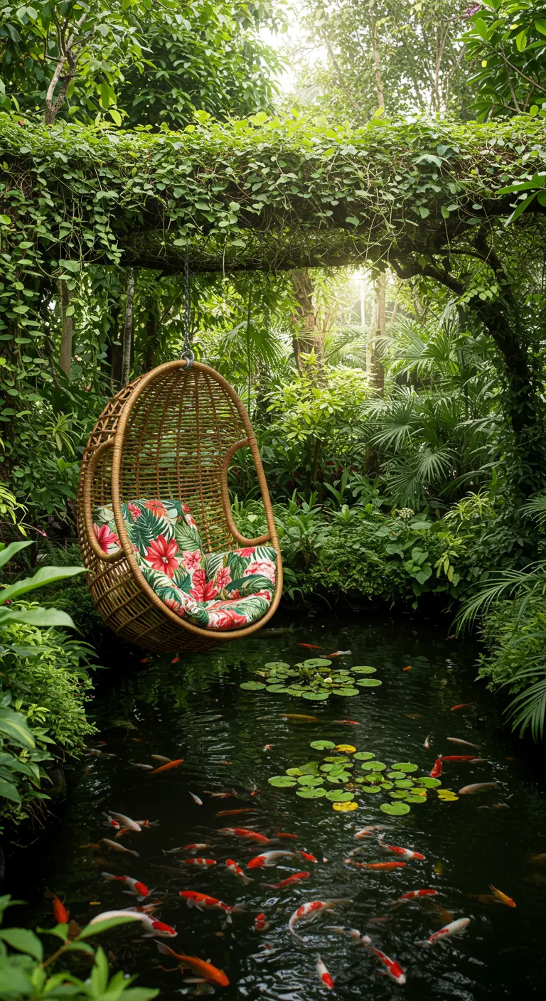 Rotan hangstoel met tropische kussens in een weelderige jungle-tuin boven een vijver met koivissen.