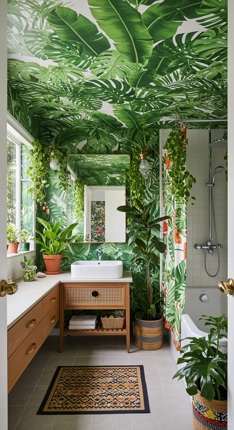 Badkamer met weelderig groen botanisch behang op plafond en muren.