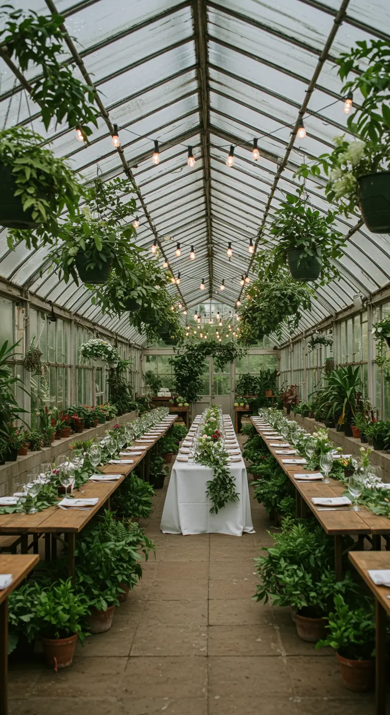 Diner in kas met hangplanten, lange tafels en planten langs het pad.