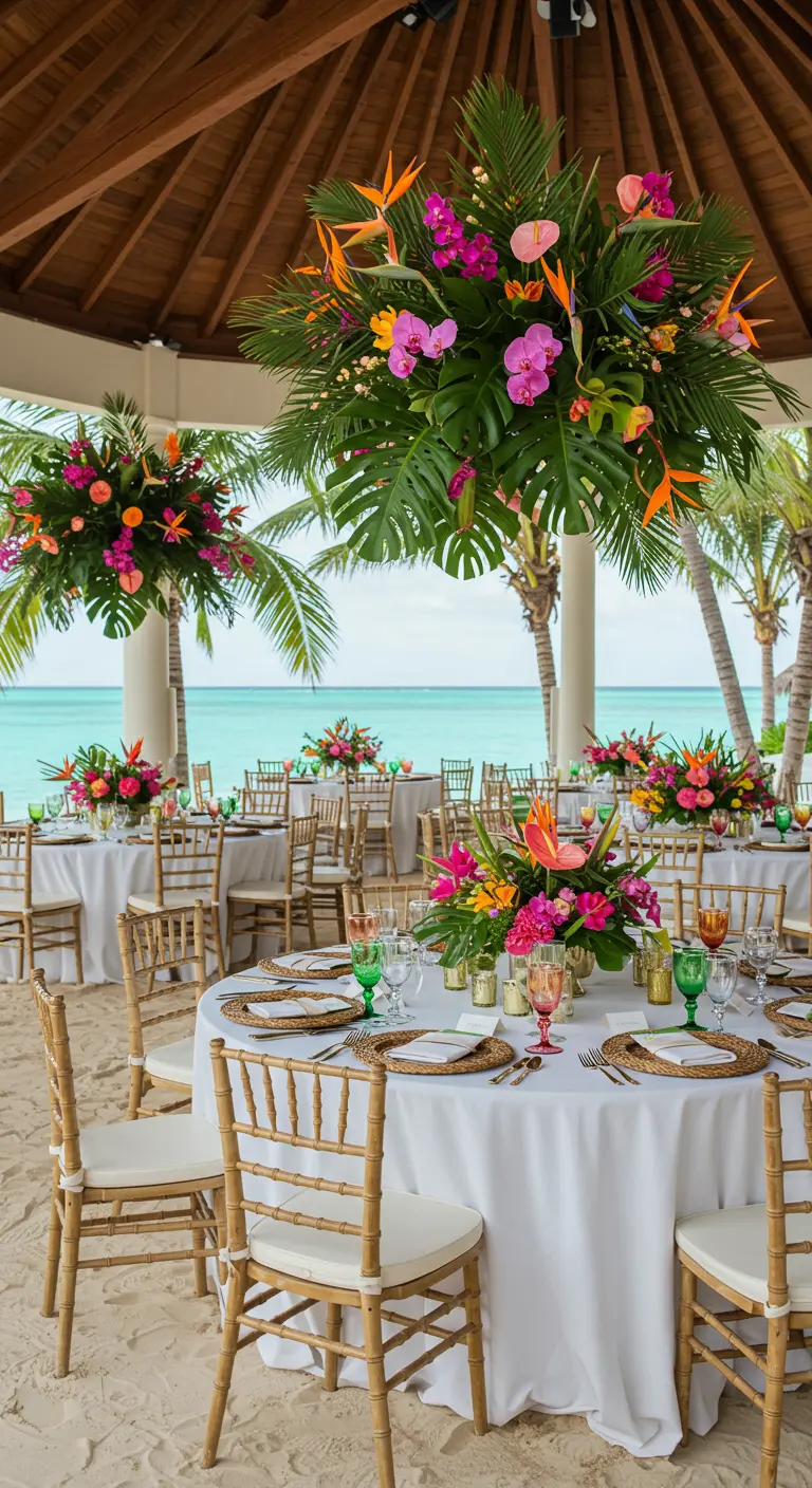Tropische bruiloftstafels met kleurrijke bloemen, witte kleden en uitzicht op zee.