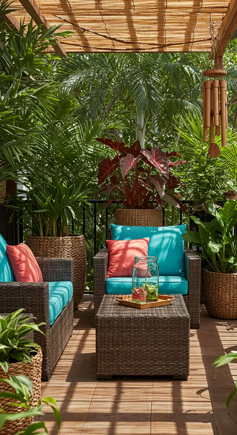 Donkere rieten loungeset met turquoise en koraalrode kussens, omringd door tropische planten.