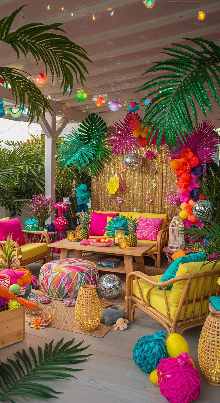 Tropische buitenfeestsetting met felgekleurde palmbladeren en decoraties.