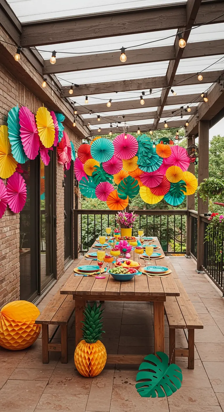 Terras versierd met felgekleurde papieren waaiers en een papieren ananas.