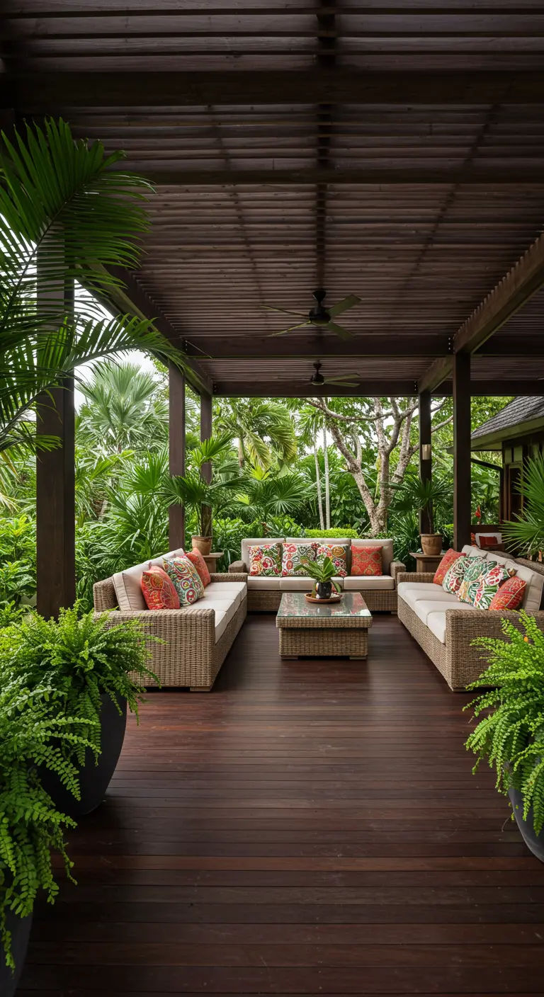 Donkerhouten pergola boven rotan loungesets, omgeven door tropische planten en varens.