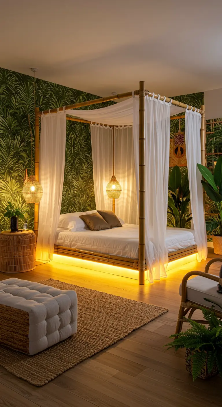 Tropische slaapkamer met bamboe hemelbed en warme, goudgele LED-verlichting eronder.