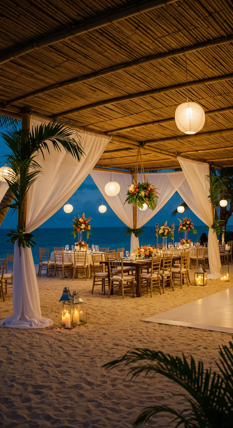 Strandbruiloft setting met witte draperieën, houten meubilair en lampionnen.