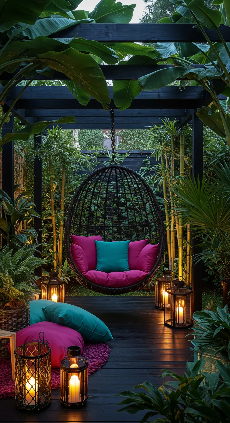 Donkere pergola met eivormige hangstoel, felle kussens, veel lantaarns, en weelderig tropisch groen.