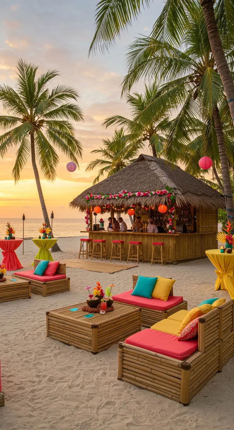 Tropische strandbar van bamboe met kleurrijke kussens, lampionnen en palmbomen.