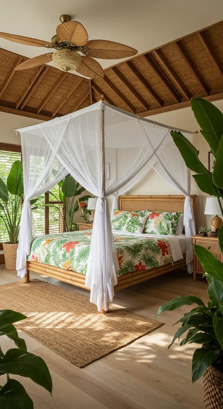 Bamboe hemelbed met witte klamboe, botanisch beddengoed en veel tropische planten.