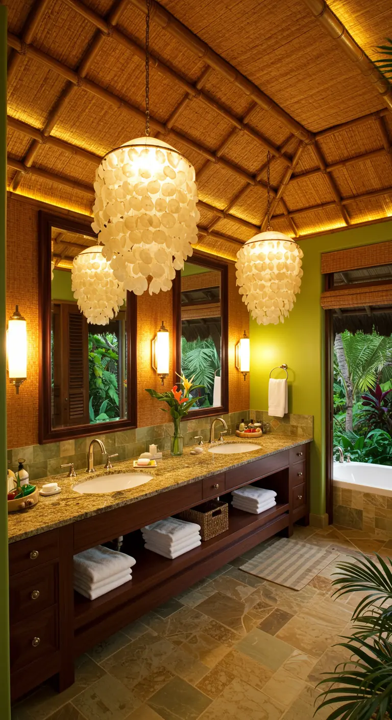 Tropische badkamer met bamboe plafond, groene muren en twee grote parelmoer hanglampen.