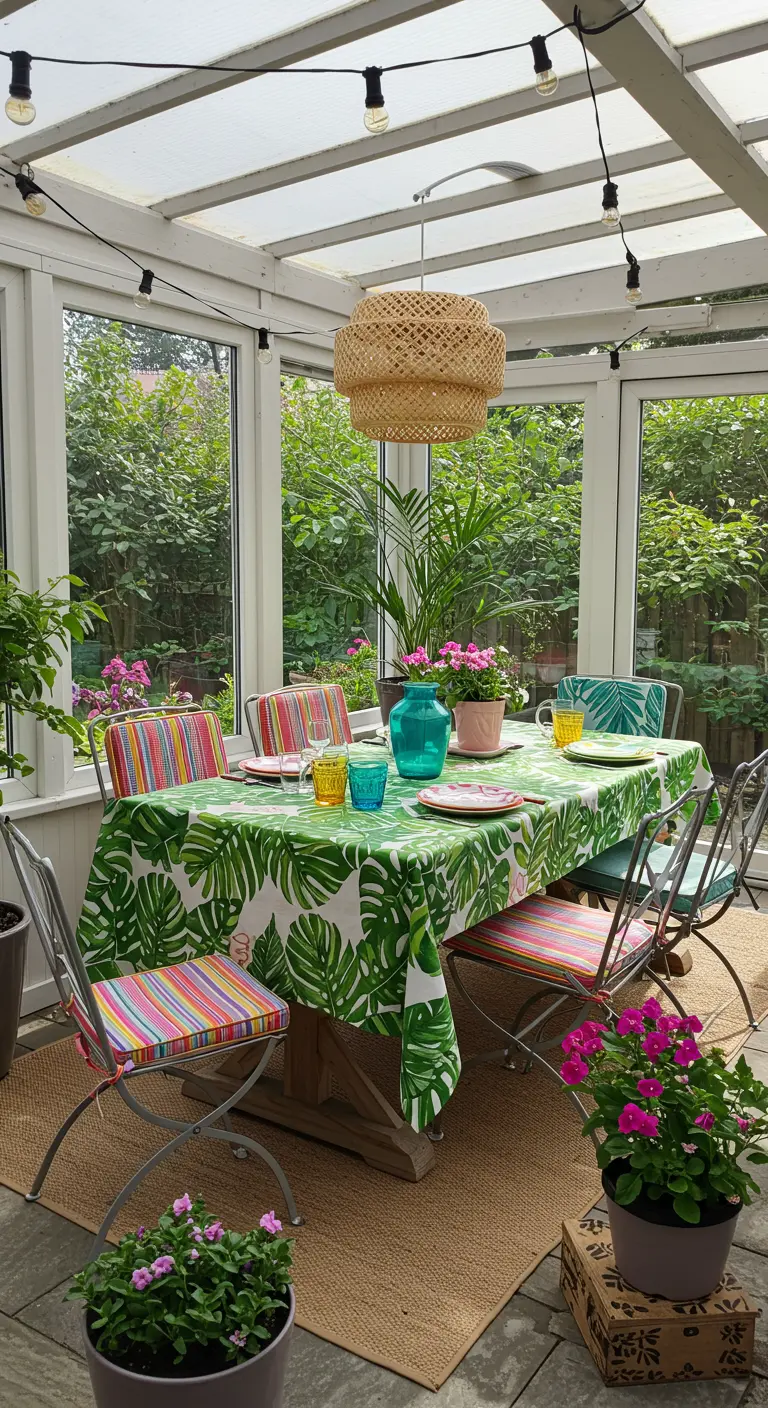 Lichte serre-eethoek met een tafelkleed met groene bladprint en stoelen met kleurrijk gestreepte kussens.