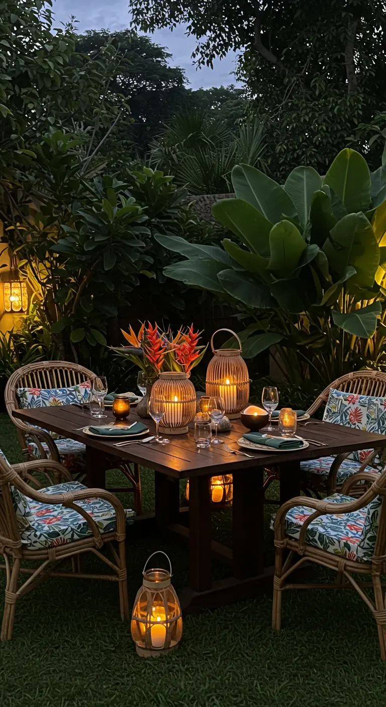 Tropische tuinset met rotan stoelen, exotische bloemen en lantaarns.
