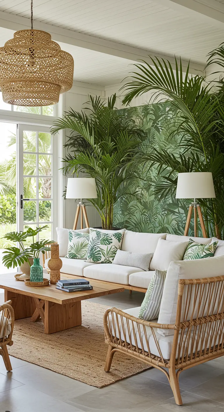 Tropische zithoek met rotan bank, veel planten en botanische prints.